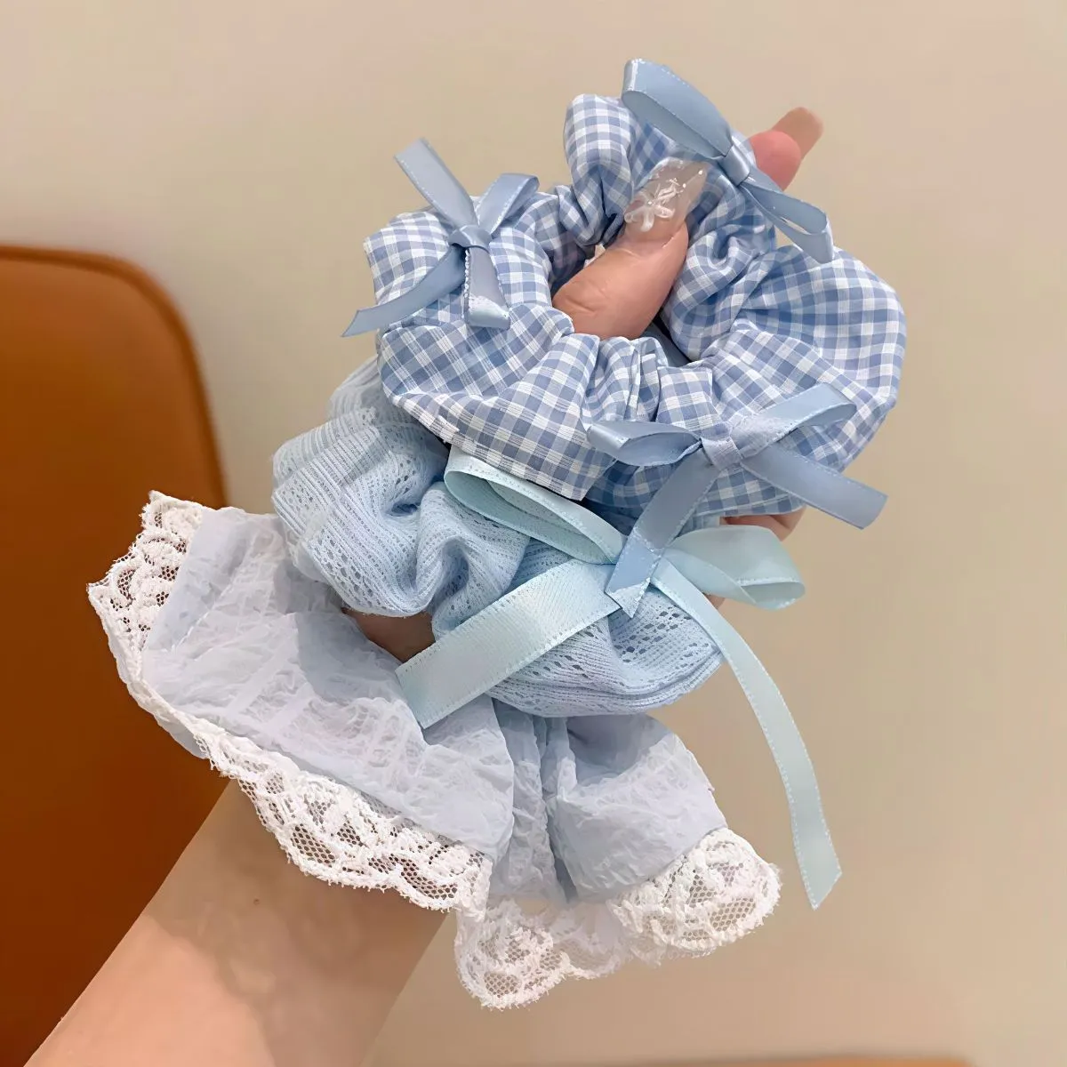 New Summer Blue Lace Scrunchie for Girls – Cool Sweet Hair Tie for Bun and Ponytail, Ethereal Blue-Toned Hair Accessory with Delicate Lace Design
